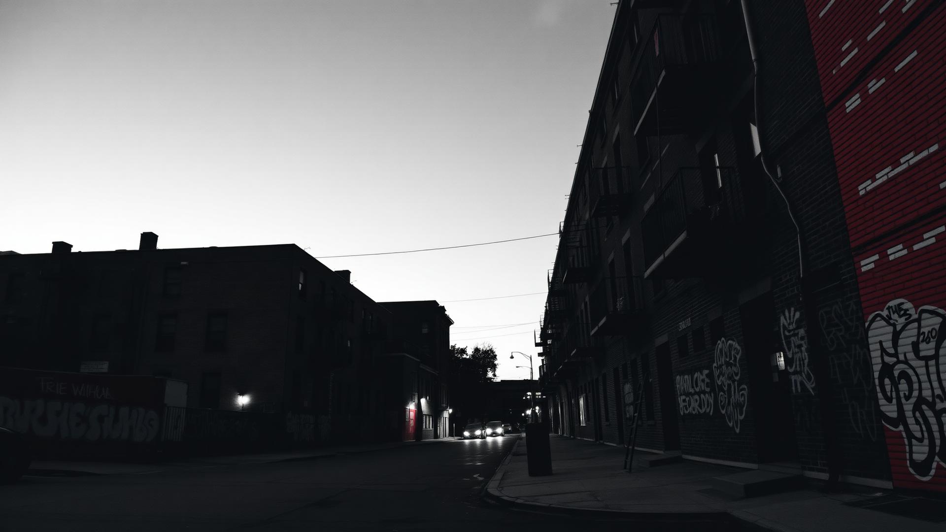 Brooklyn street at dusk with brick rowhouses and a red accent wall